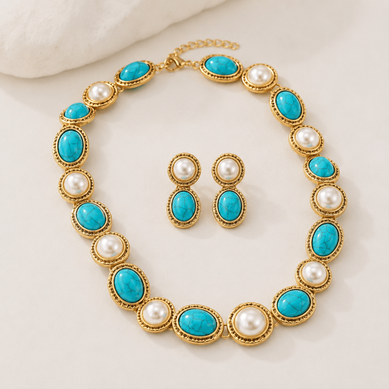 FUUFU set — Turquoise & Pearl Antique Gold Statement Set