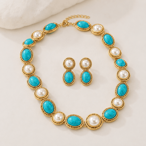 FUUFU set — Turquoise & Pearl Antique Gold Statement Set